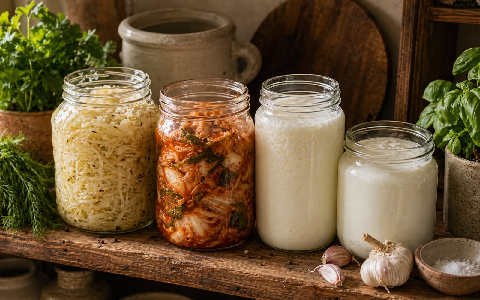 Fermented foods in glass jars — sauerkraut, kimchi, kefir, and yogurt — lined up on a wooden shelf with fresh herbs and garlic nearby.