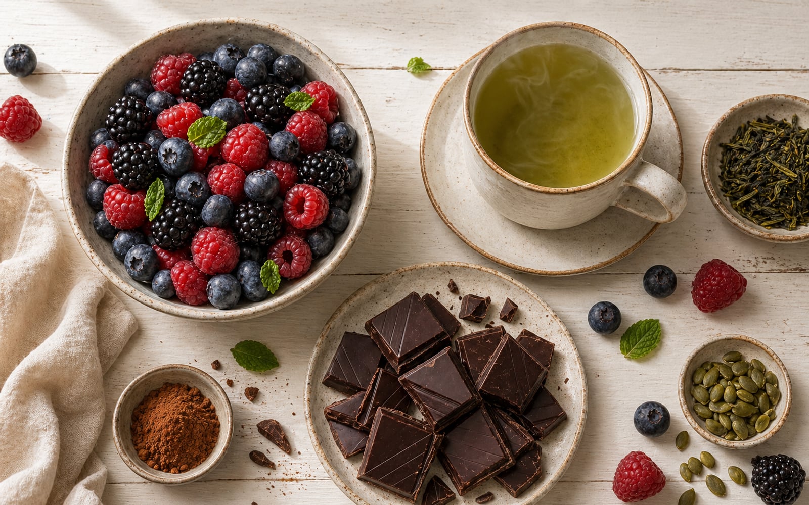 A colorful bowl of mixed berries, dark chocolate squares, and a cup of green tea — polyphenol-rich foods that feed beneficial gut bacteria.