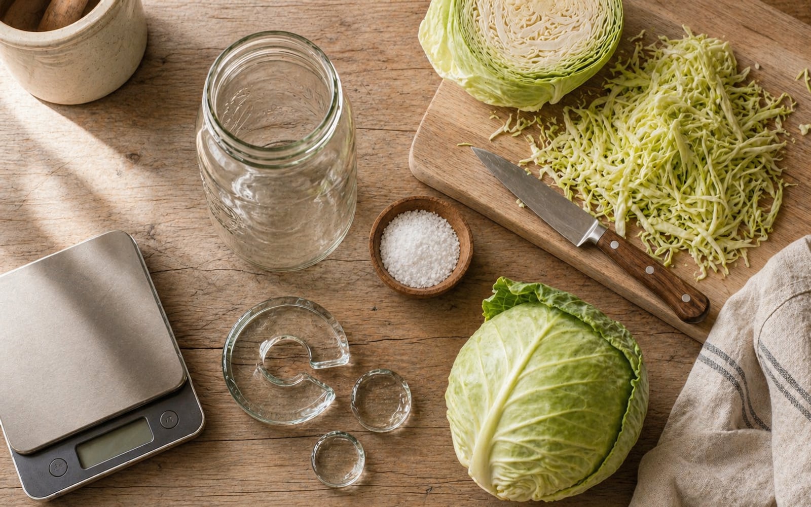 Fermentation equipment laid out on a wooden counter — a wide-mouth Mason jar, glass fermentation weights, sea salt in a wooden bowl, a kitchen scale, and a head of cabbage ready to be shredded.