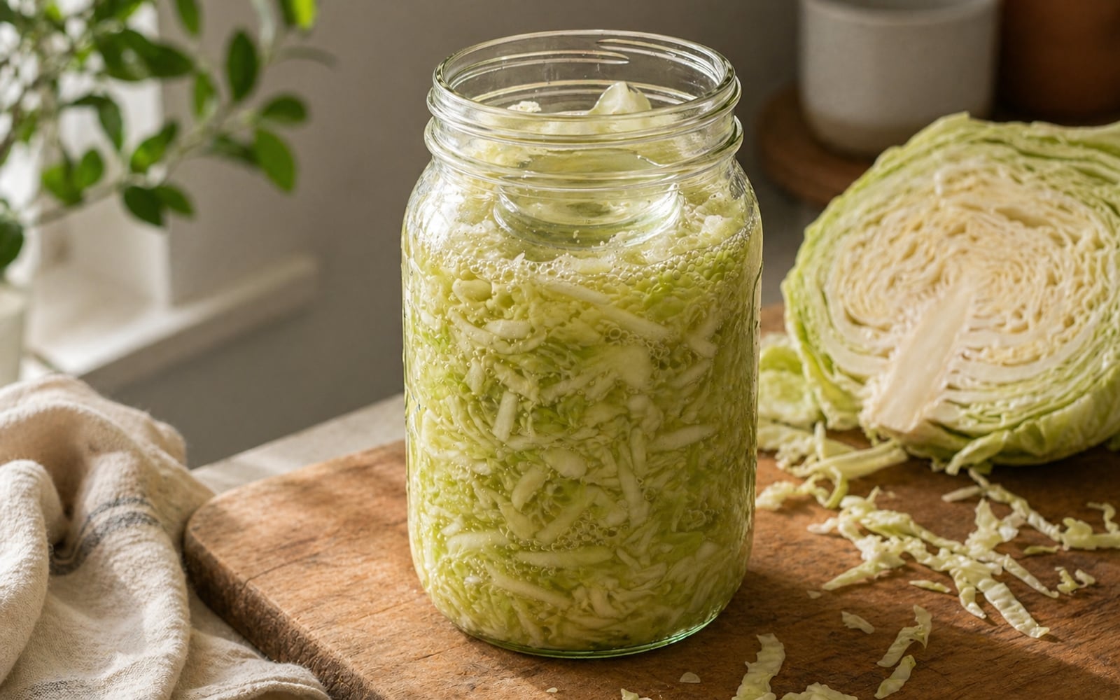 A Mason jar packed with freshly made sauerkraut — shredded cabbage submerged in brine with a glass weight on top, bubbles visible along the sides, sitting on a wooden cutting board.