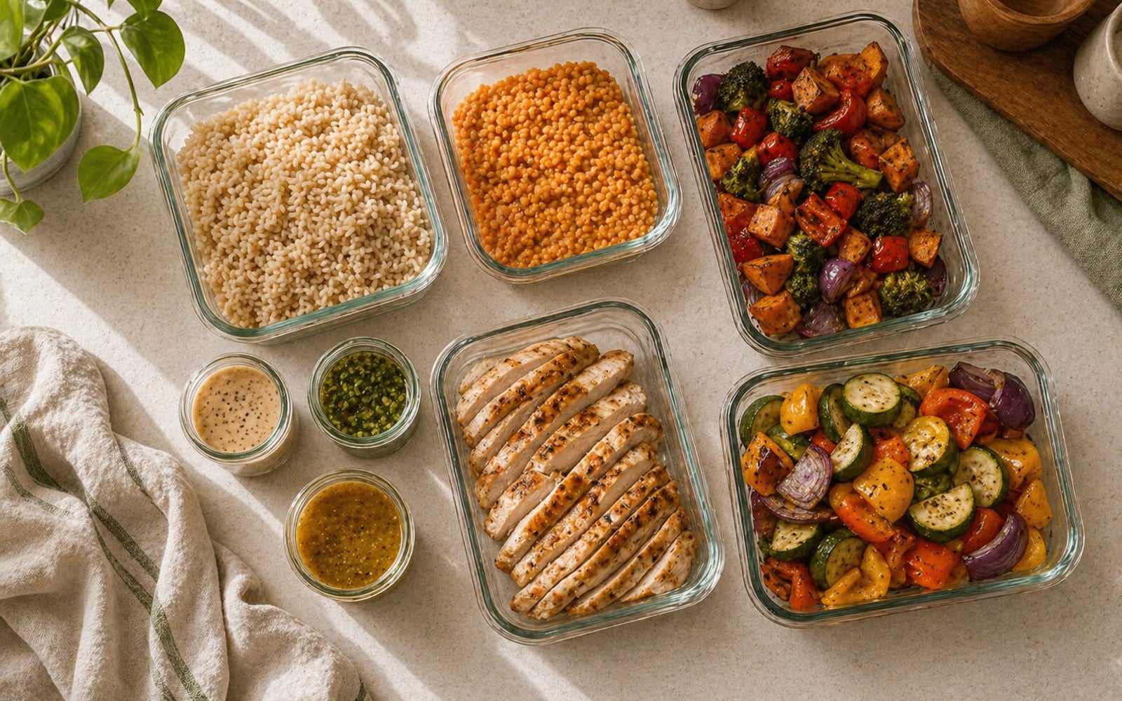 A kitchen counter with all five meal-prep components ready — containers of cooked brown rice, lentils, two trays of roasted vegetables, sliced chicken, and small jars of dressings.