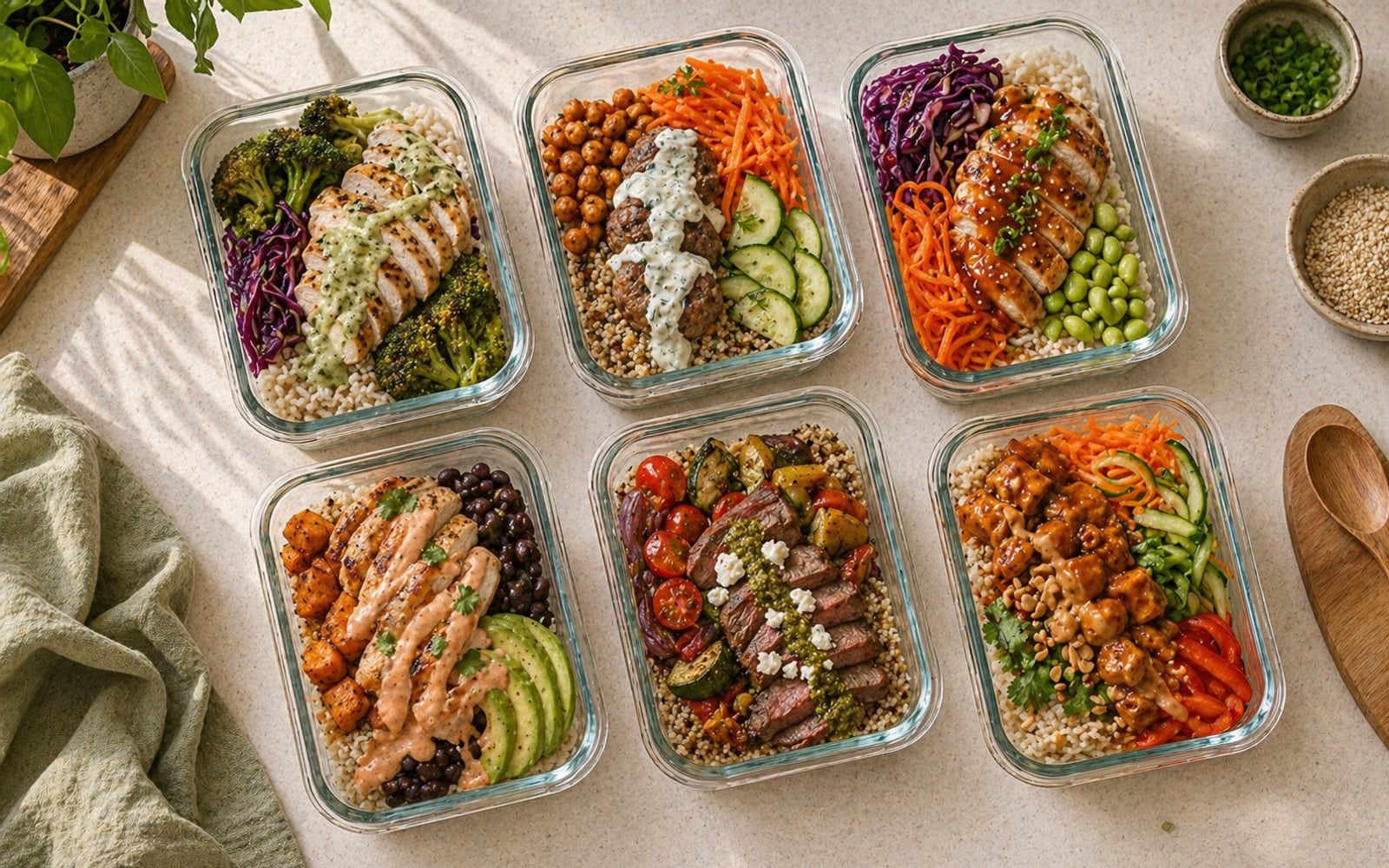 Glass meal-prep containers filled with different grain-bowl combinations — each with a different sauce, protein, and vegetable arrangement — showing the variety possible from one prep session.
