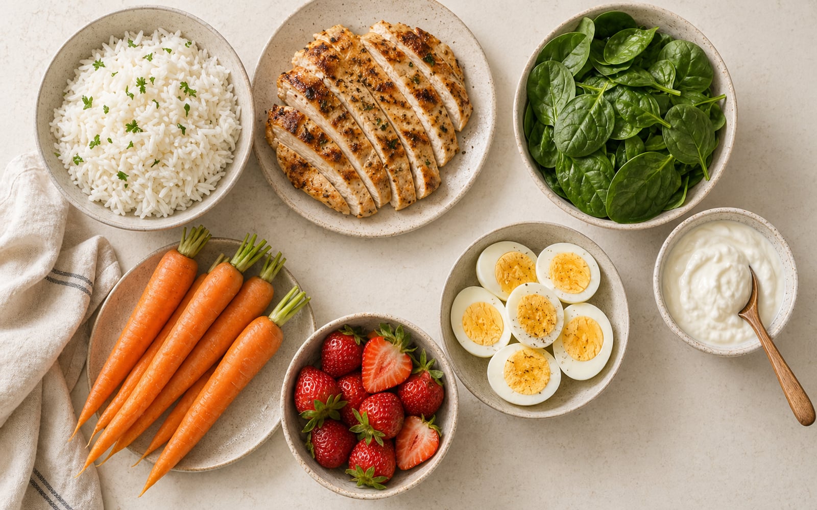 An organized flat-lay of low-FODMAP staple foods — rice, chicken, eggs, spinach, carrots, strawberries, and lactose-free yogurt — on a clean kitchen counter.