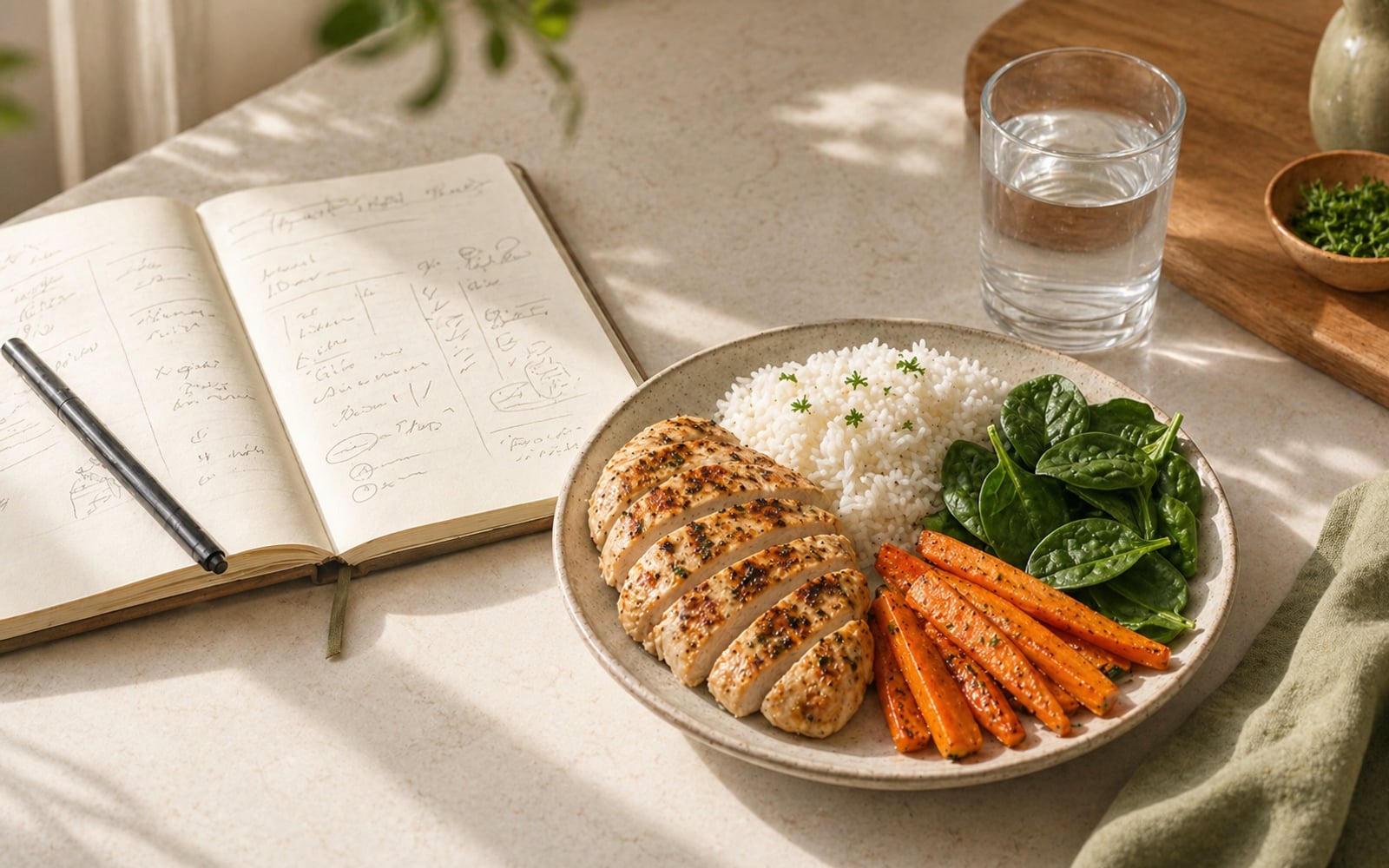 A food diary notebook open beside a plate of low-FODMAP food — grilled chicken, rice, roasted carrots, and spinach — illustrating the reintroduction tracking process.