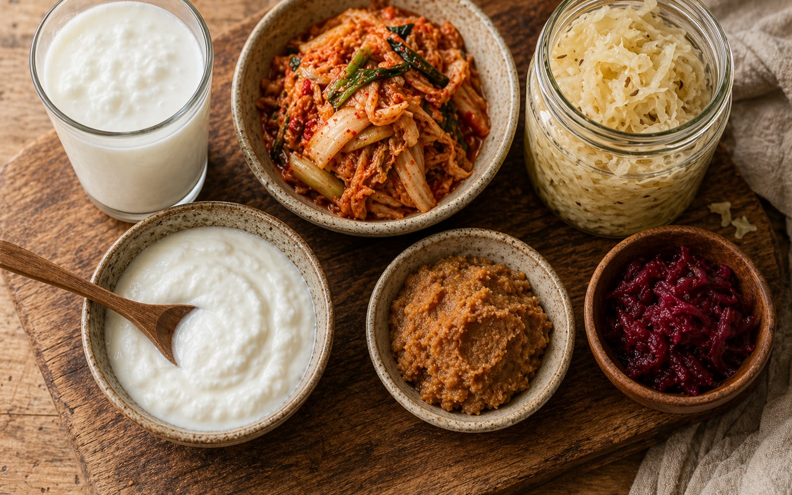 A selection of probiotic-rich fermented foods — kefir, kimchi, sauerkraut, miso, and yogurt — arranged in small bowls and jars on a wooden cutting board.