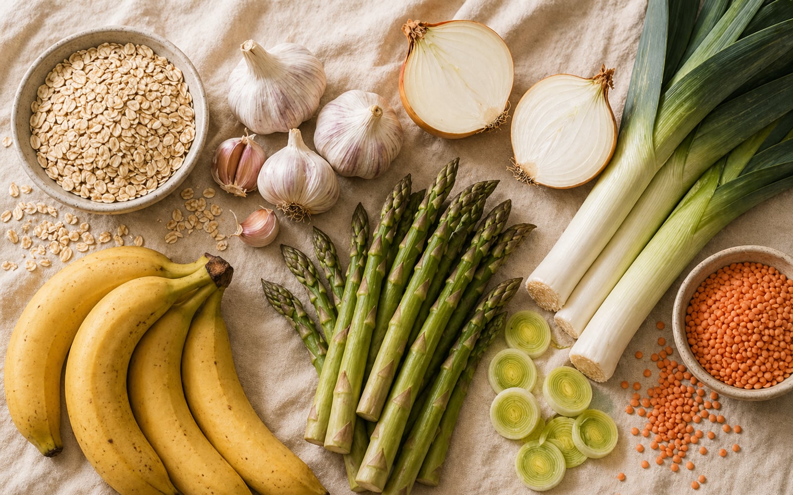 An overhead shot of prebiotic-rich foods — oats, garlic, onion, leeks, bananas, asparagus, and lentils — arranged on a cream linen surface.