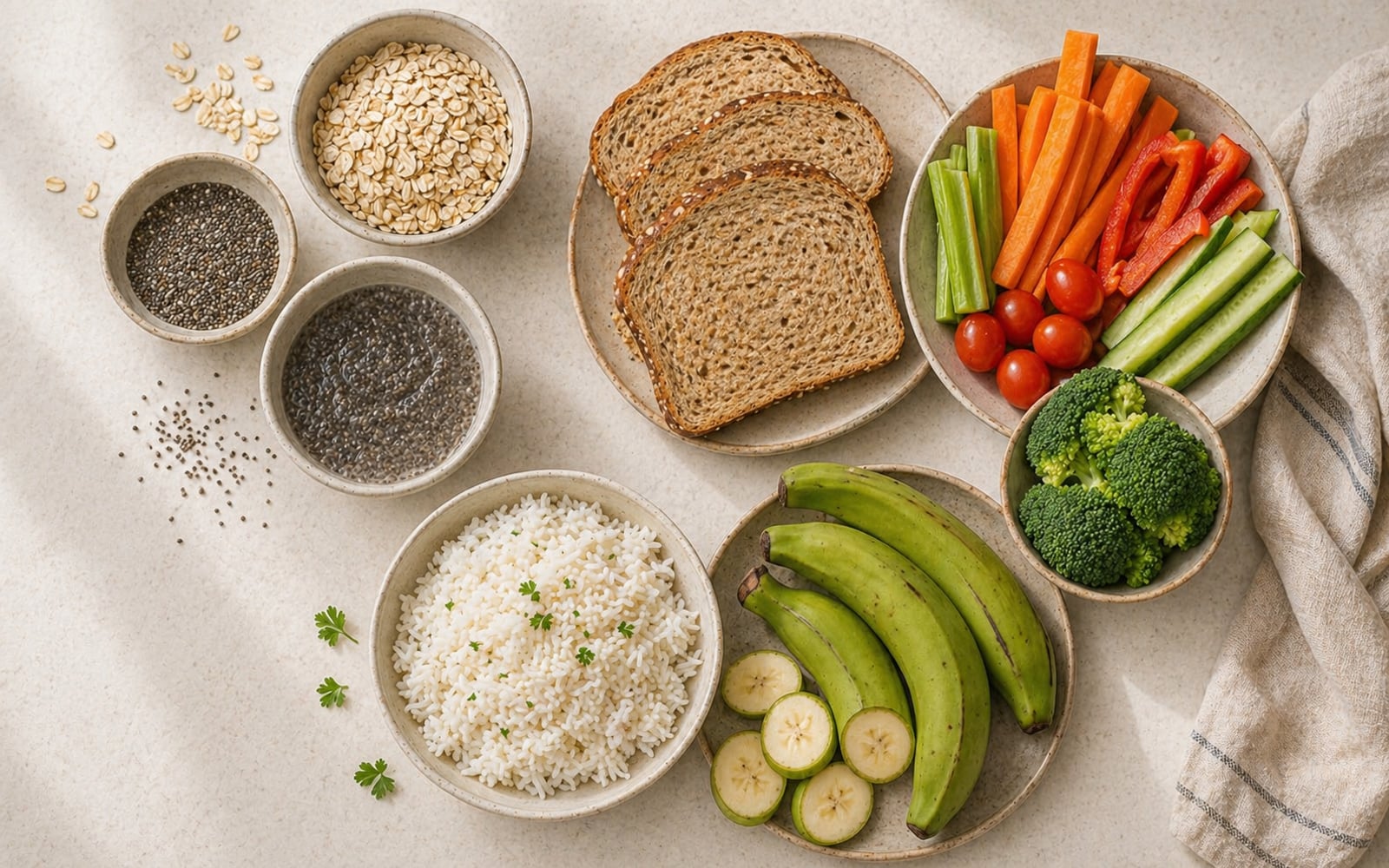 A variety of high-fiber foods grouped by type — oats and chia seeds for soluble fiber, whole wheat bread and vegetables for insoluble fiber, and cooled rice and green bananas for resistant starch.