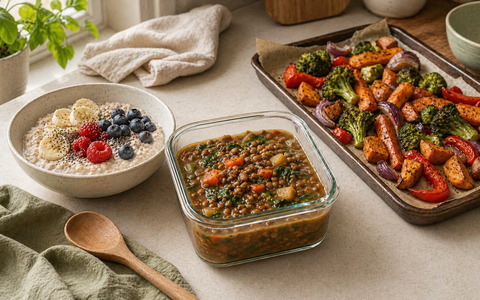 A meal-prep scene showing a bowl of overnight oats, a container of lentil soup, and roasted vegetables — a full day of fiber-rich eating laid out on a kitchen counter.