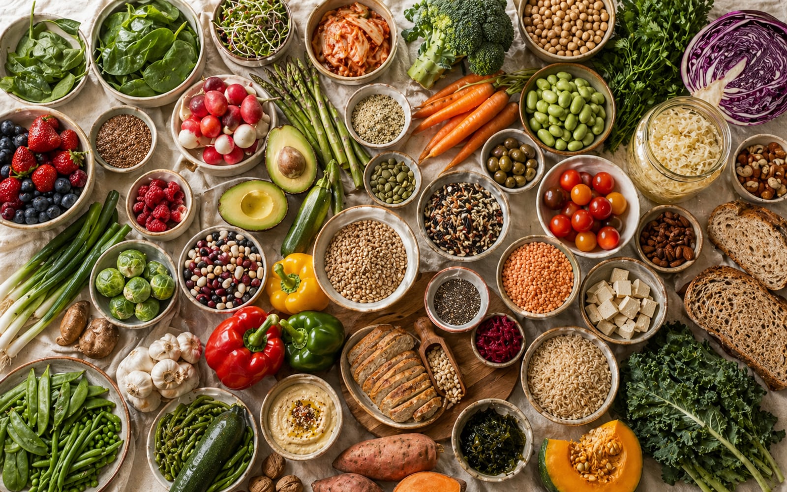 A diverse spread of colorful plant foods — vegetables, fruits, legumes, whole grains, and fermented foods — arranged on a kitchen counter, representing the dietary diversity that supports a healthy microbiome.