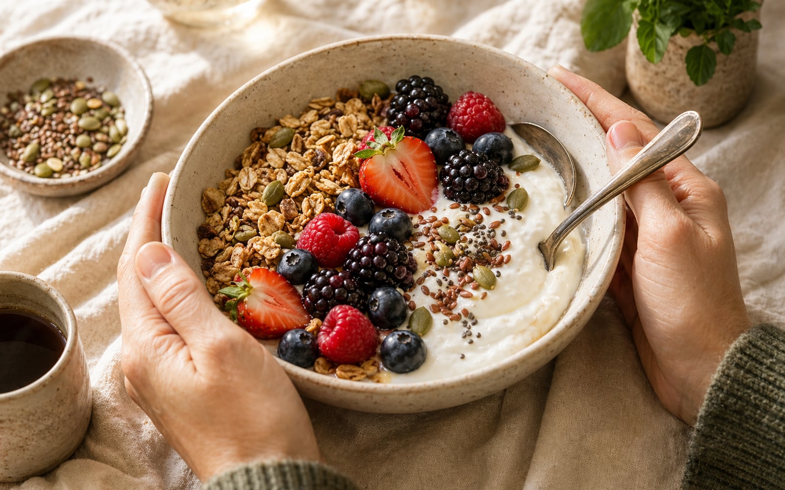 A person's hands holding a bowl of yogurt topped with berries, granola, and seeds — a simple gut-friendly breakfast combining probiotics, prebiotics, and polyphenols.