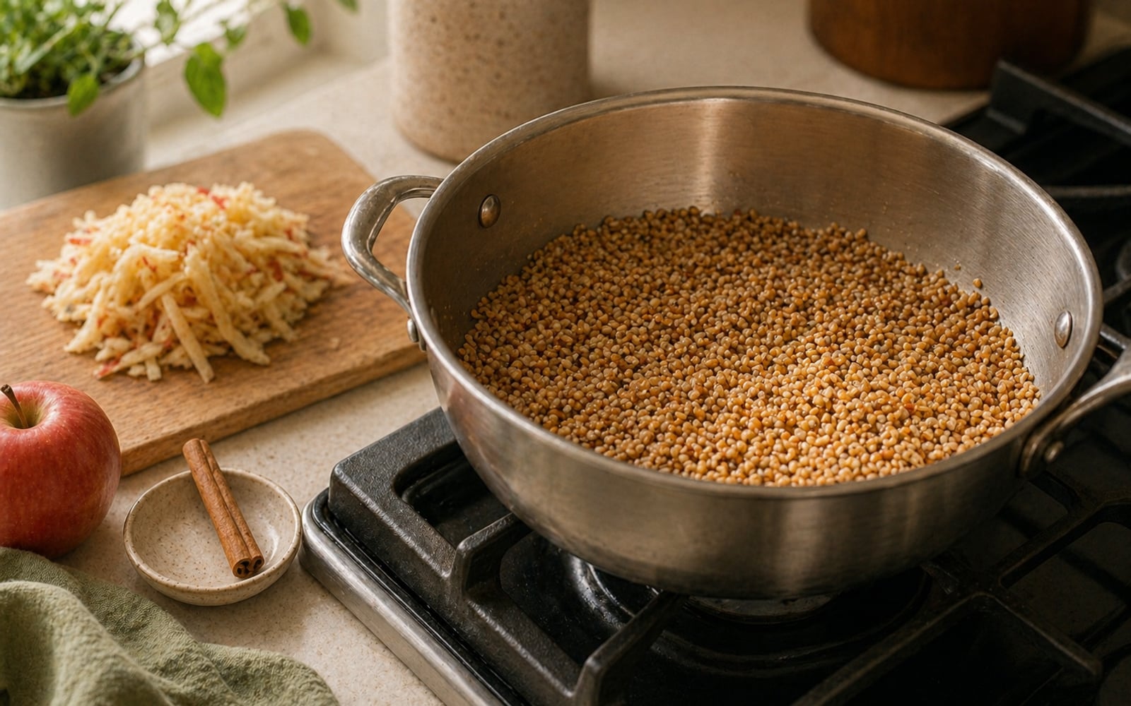 Steel-cut oats toasting in a dry saucepan, golden and fragrant, with a grated apple and cinnamon stick on the cutting board beside the stove.