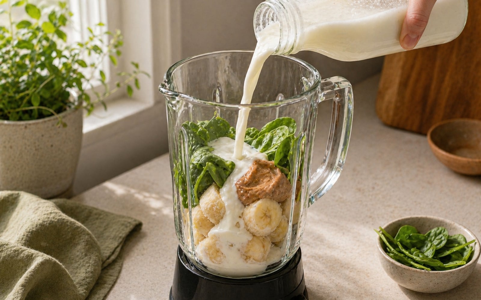 Kefir being poured into a blender with frozen banana chunks, spinach, and a spoonful of almond butter.