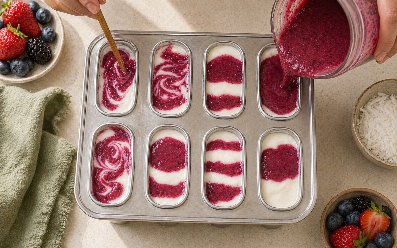 Berry-kefir mixture being poured into popsicle molds in alternating layers with the coconut-kefir base, creating a swirl pattern.