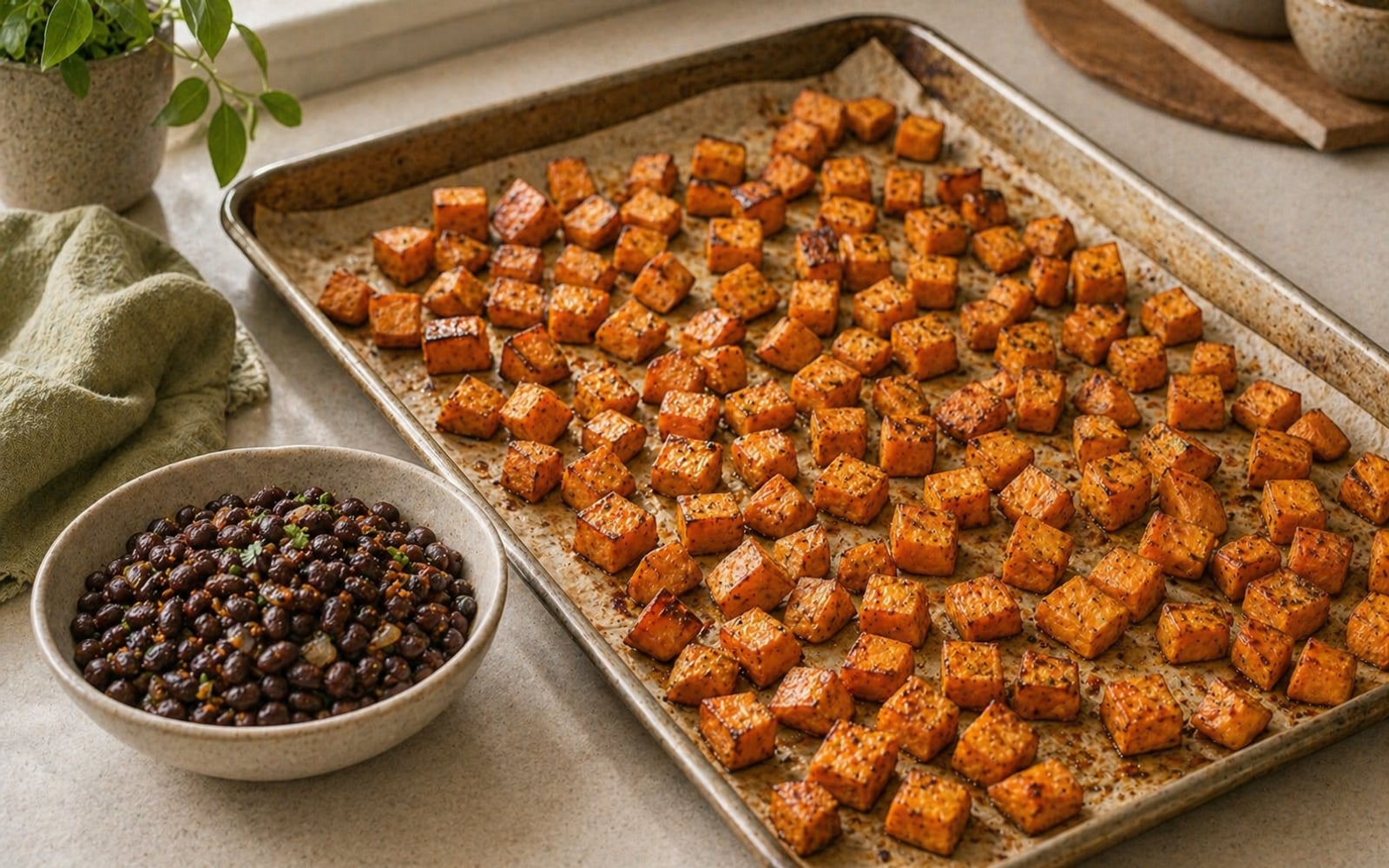 Cubed sweet potatoes on a sheet pan, golden and caramelized at the edges, fresh from the oven beside a bowl of seasoned black beans.
