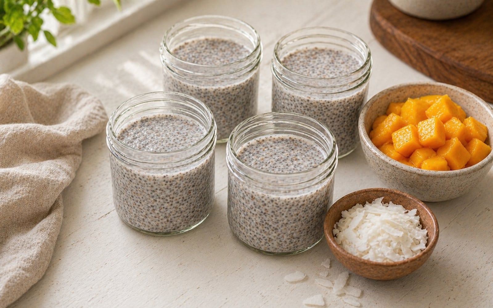 Chia-flax pudding setting in glass jars, showing the gel-like texture forming, with mango chunks and coconut flakes ready for topping.