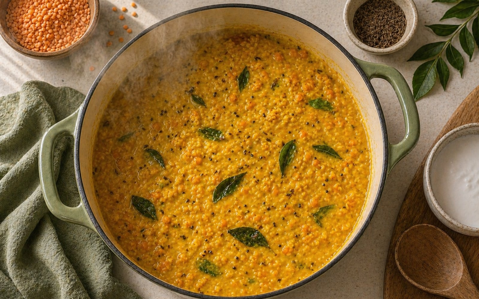 Red lentils simmering in a pot with coconut milk, turmeric-yellow and creamy, with whole spices and curry leaves visible on the surface.