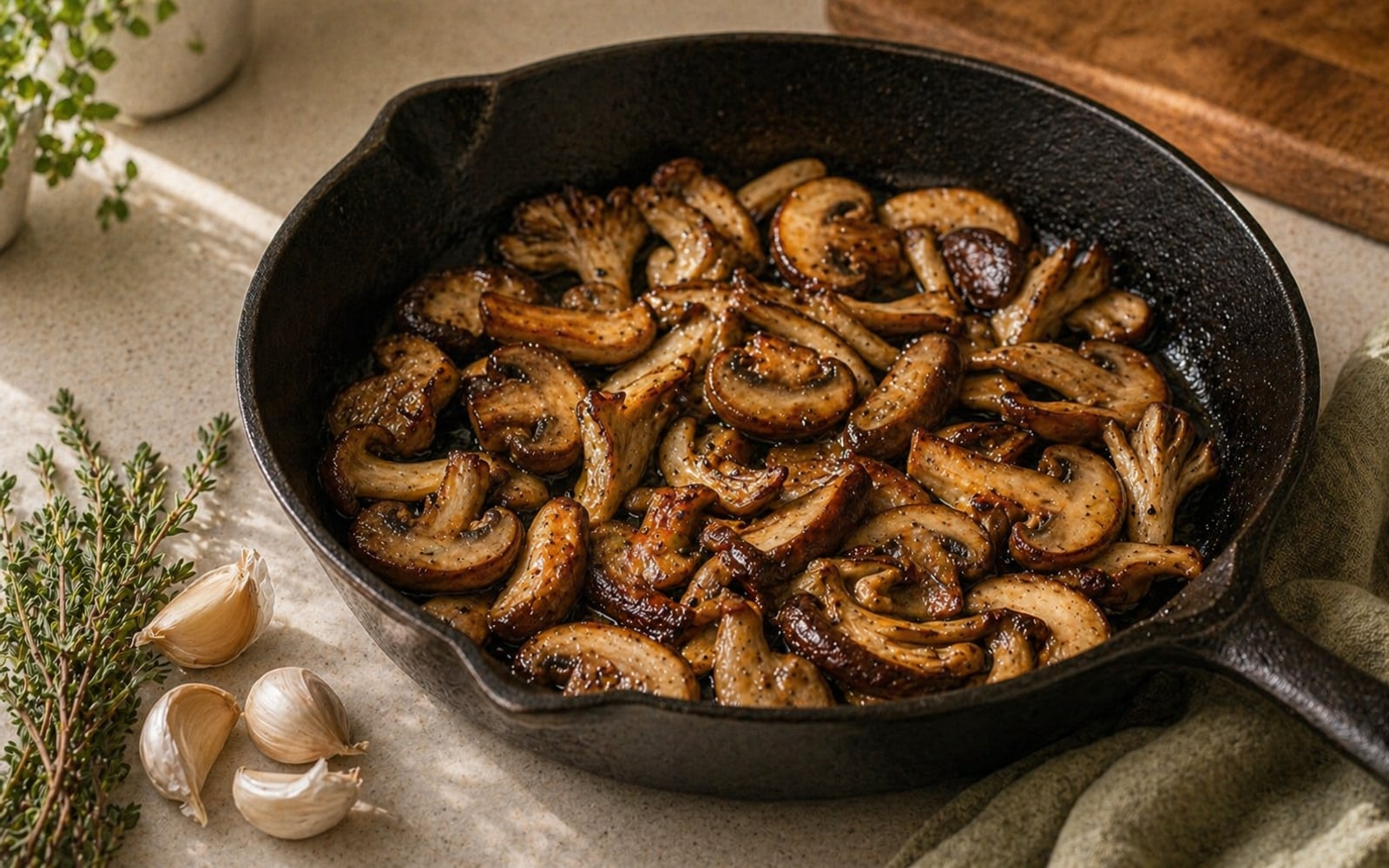 Sliced mushrooms searing in a hot cast-iron pan, deeply golden and caramelized, with thyme sprigs and garlic cloves nearby.
