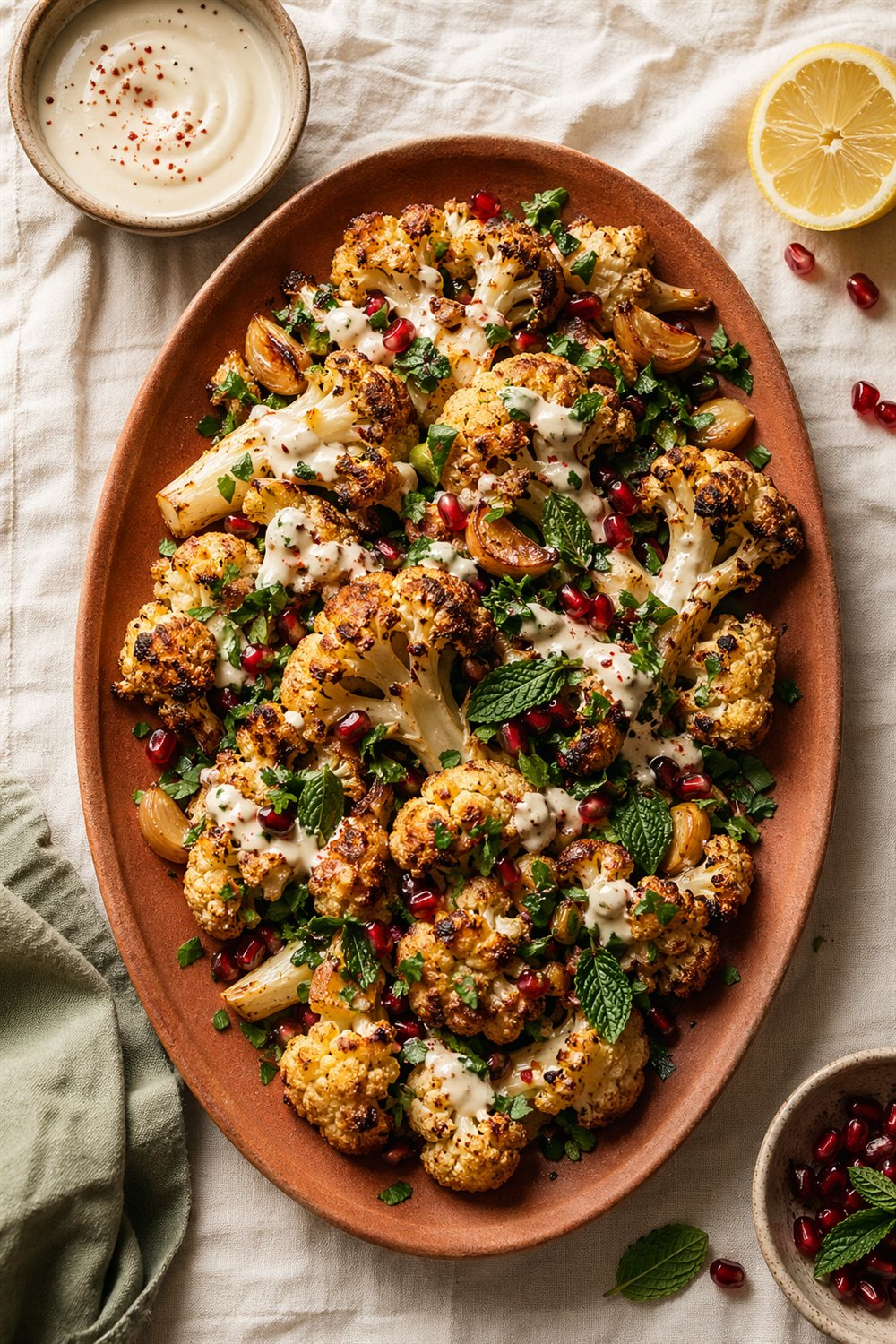 Garlic-Roasted Cauliflower with Tahini & Herbs — Pinterest image