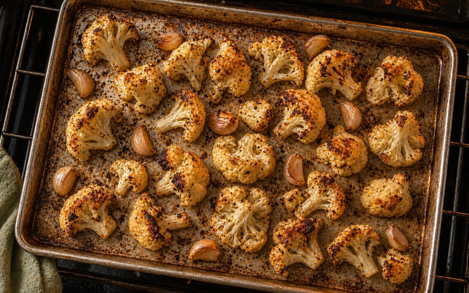A sheet pan of cauliflower florets roasting in the oven, edges deeply golden and charred, with whole garlic cloves scattered between the pieces.