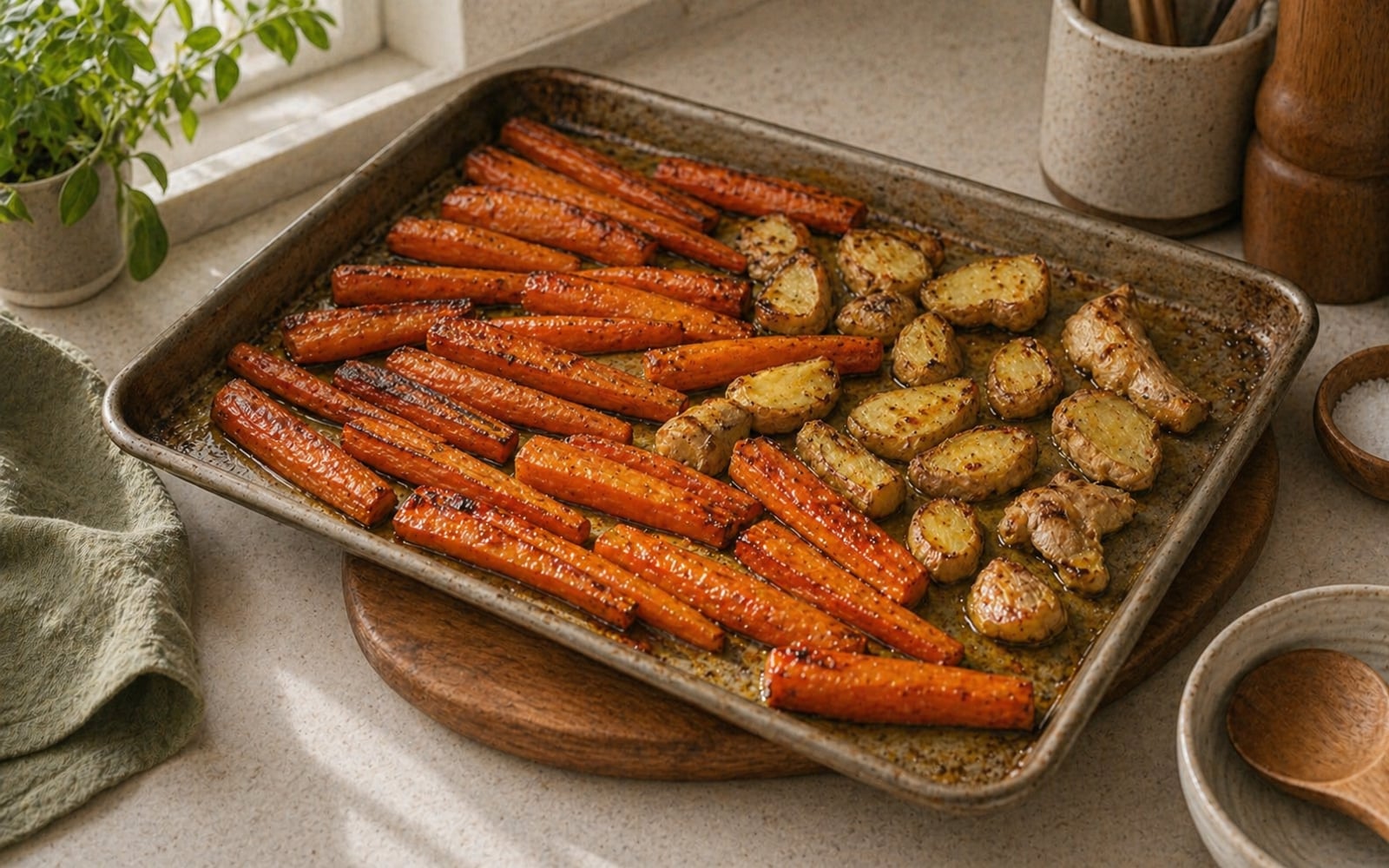 Roasted carrots and ginger on a sheet pan, caramelized and golden, ready to be blended into soup.