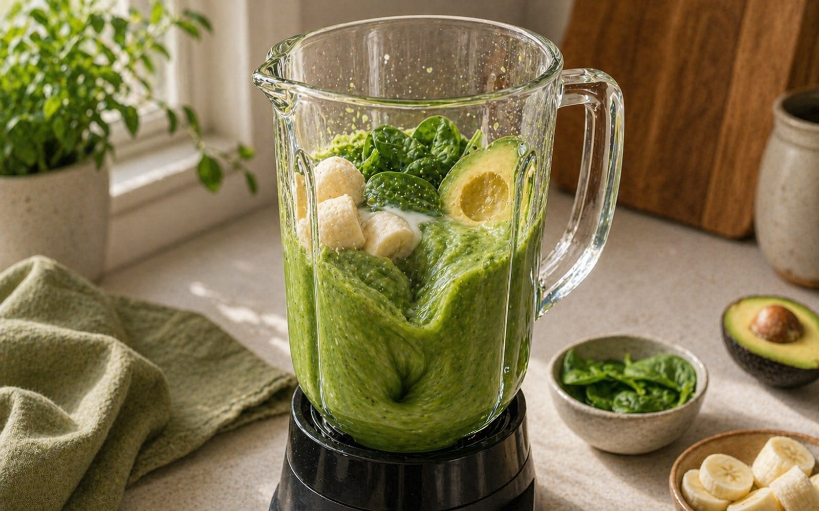 A blender filled with bright green smoothie — frozen banana, spinach, avocado, and kefir mid-blend, with the vibrant green color visible.