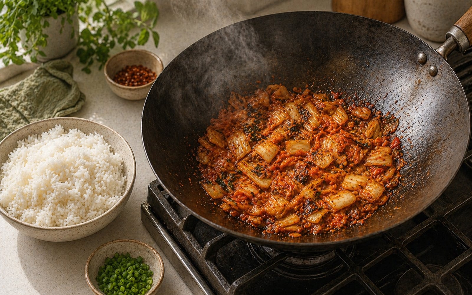 Kimchi caramelizing in a hot wok, deeply golden and slightly charred, with day-old rice ready to be added.