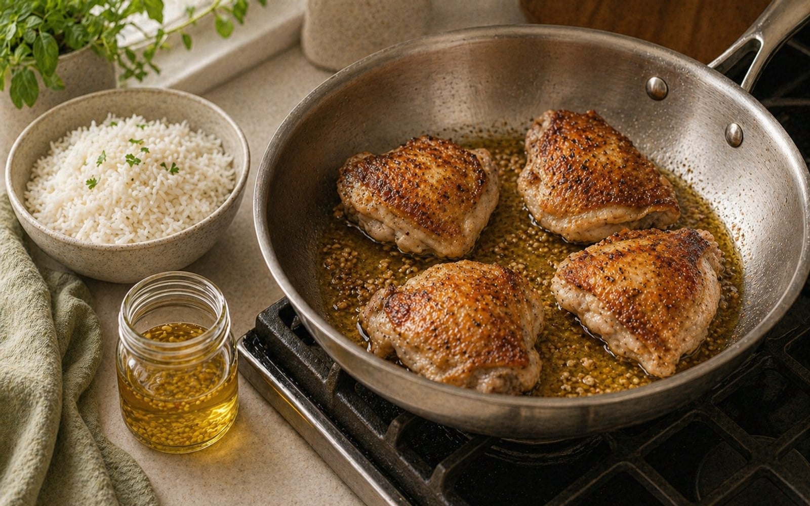 Chicken thighs searing in garlic-infused olive oil, golden-crusted, in a stainless steel pan beside a bowl of jasmine rice.