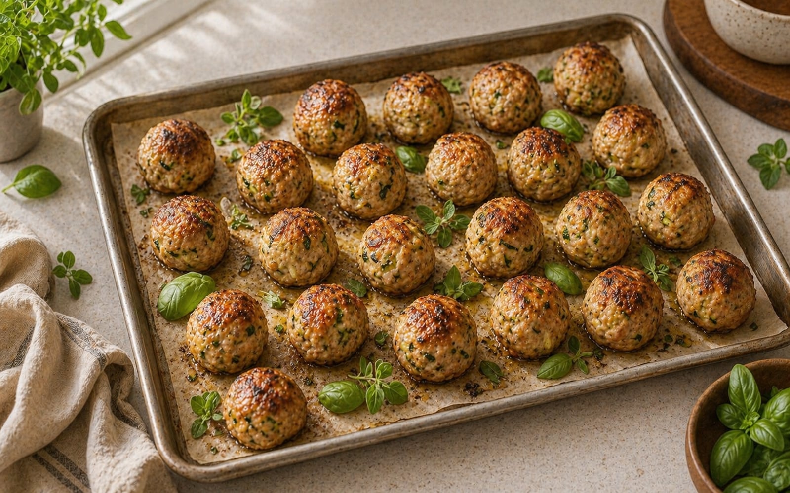 Turkey-zucchini meatballs on a parchment-lined sheet pan, golden-brown and just out of the oven, with fresh herbs scattered around.