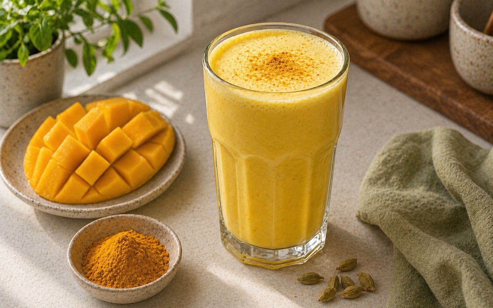 A tall glass of golden mango-turmeric lassi with a frothy top, beside fresh mango slices and a small bowl of ground turmeric and cardamom pods.