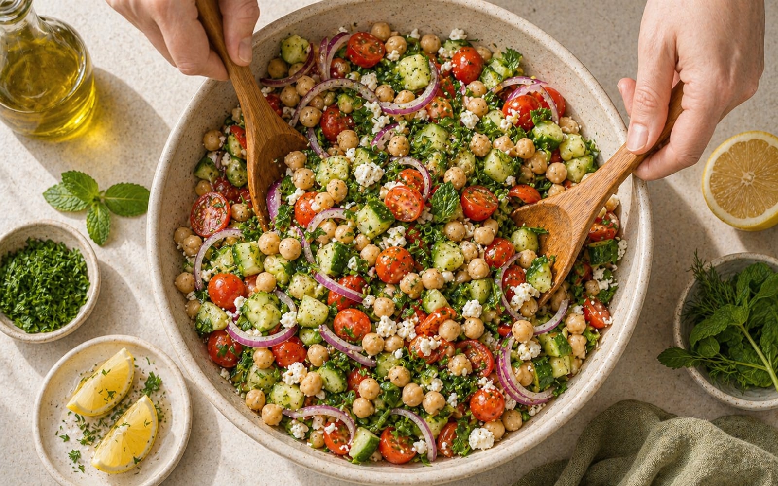 A large bowl of Mediterranean chickpea salad being tossed — chickpeas, diced cucumber, tomatoes, red onion, feta, and herbs with lemon vinaigrette.
