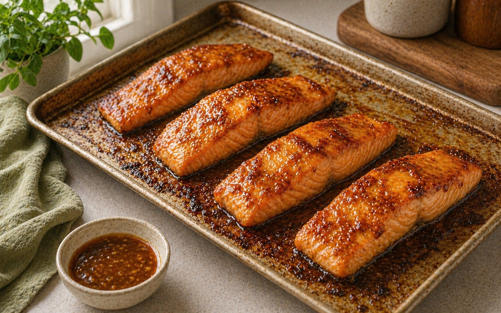 Salmon fillets glazed with miso-ginger paste on a sheet pan, caramelized and golden, fresh from the broiler.