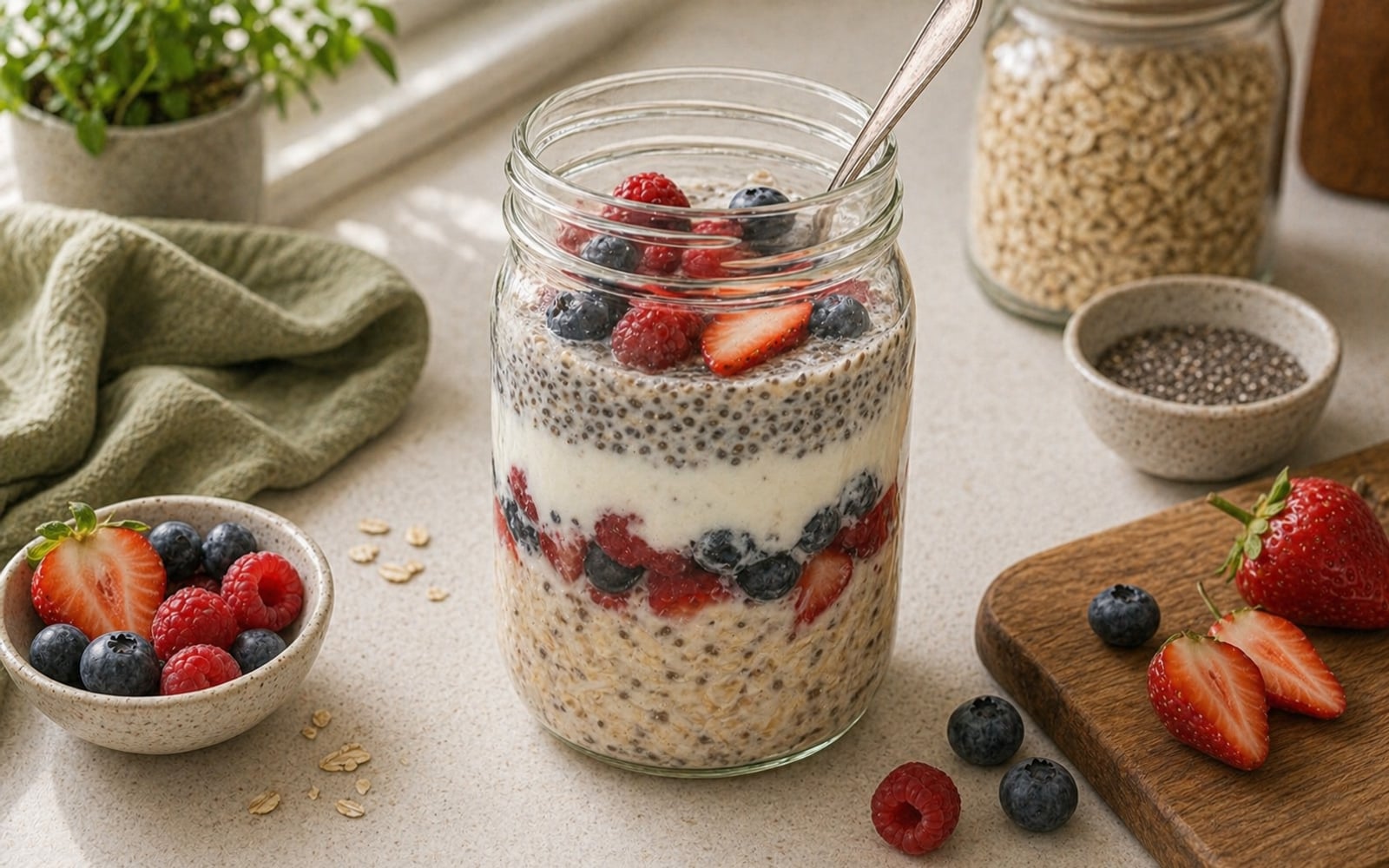 A glass jar layered with overnight oats, kefir, chia seeds, and mixed berries — the layers visible through the glass, ready for the fridge.