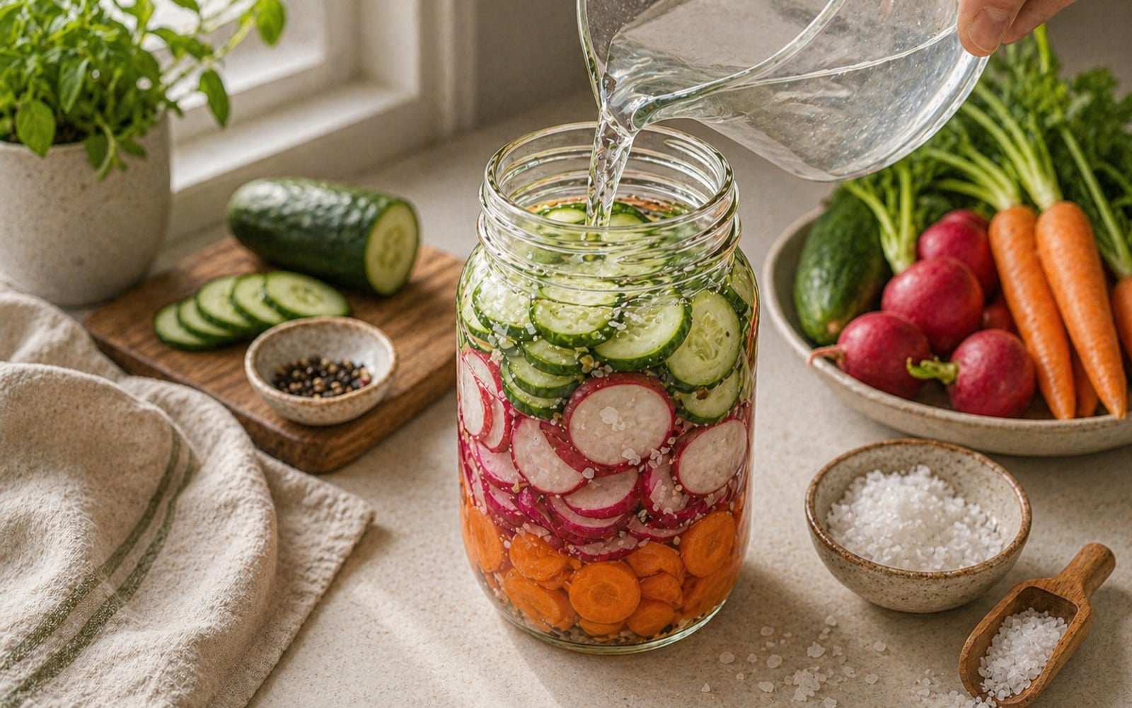 Sliced vegetables — carrots, radishes, and cucumbers — packed into a glass jar with a salt brine being poured over them.