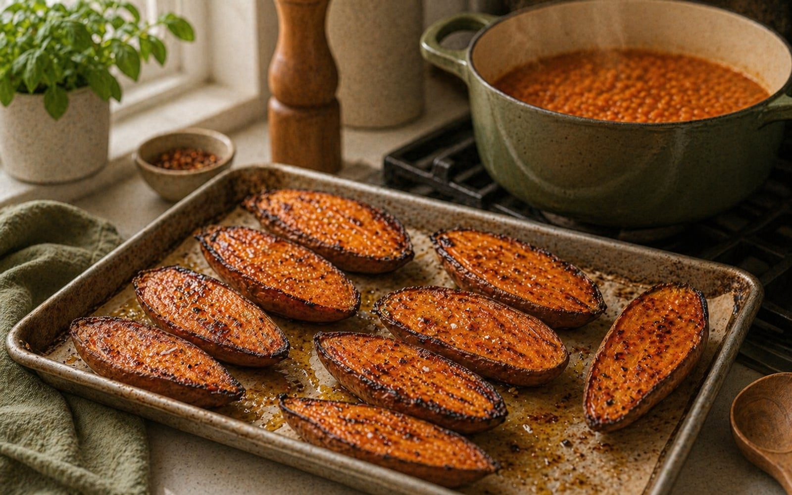 Roasted sweet potato halves on a sheet pan, deeply caramelized with charred edges, beside a pot of red lentils cooking on the stove.