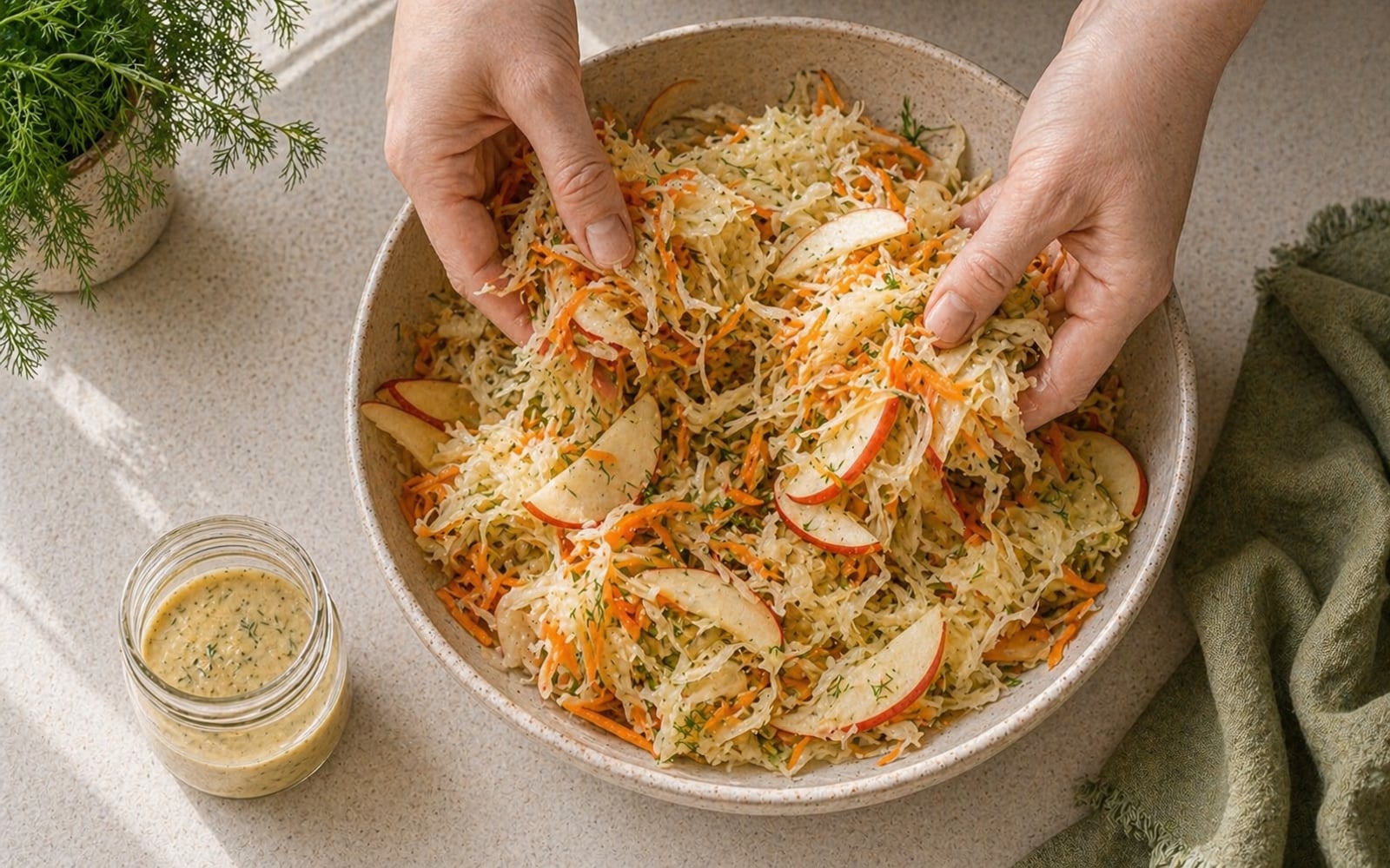 Hands tossing shredded sauerkraut, thin apple slices, and grated carrot in a wide bowl with a Dijon-dill dressing.