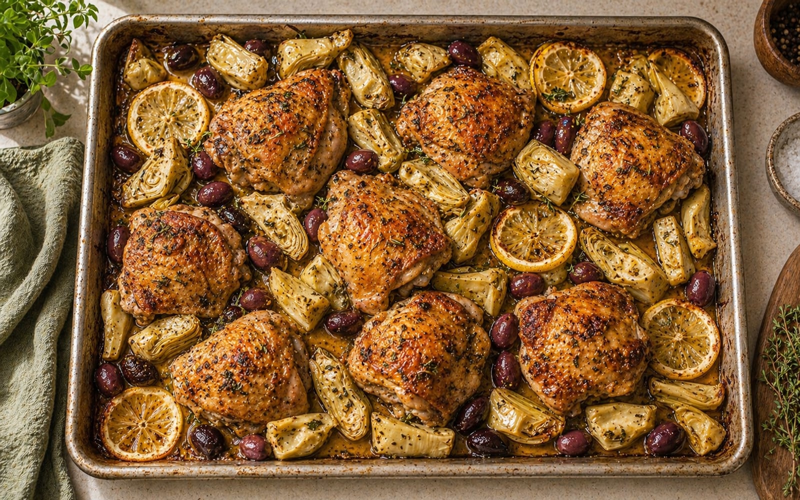 A sheet pan loaded with chicken thighs, artichoke hearts, kalamata olives, and lemon slices — everything golden and roasted, ready to serve.