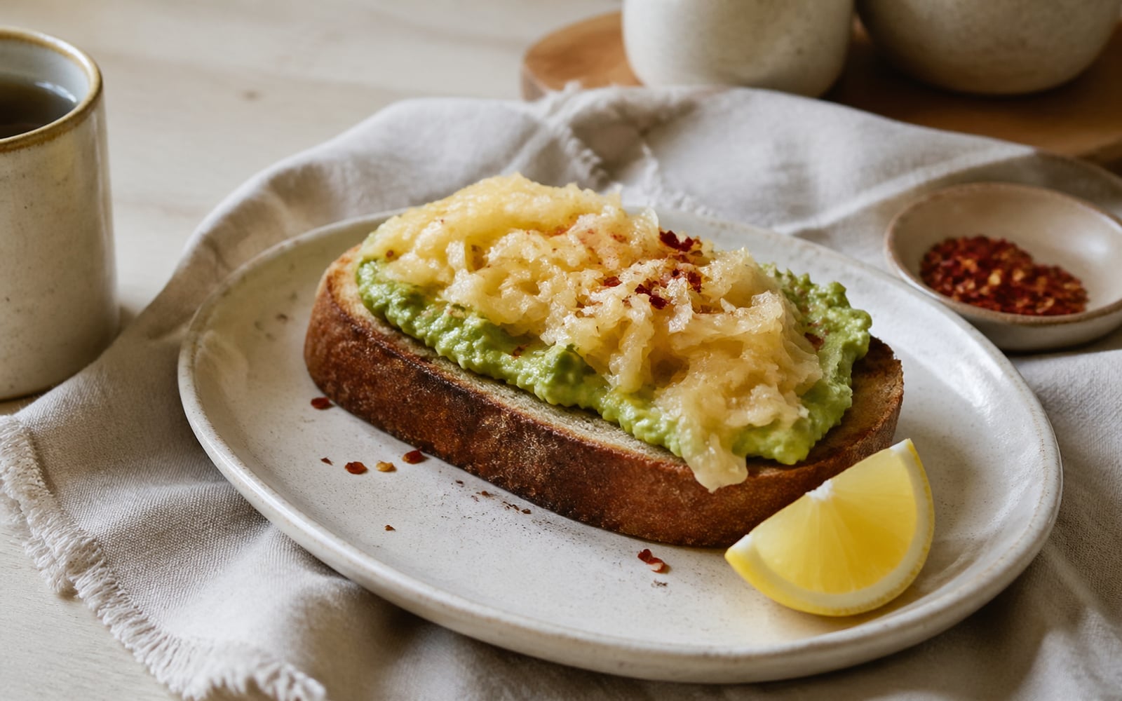 A thick slice of sourdough toast topped with smashed avocado and a generous spoonful of raw sauerkraut, with a sprinkle of red pepper flakes.