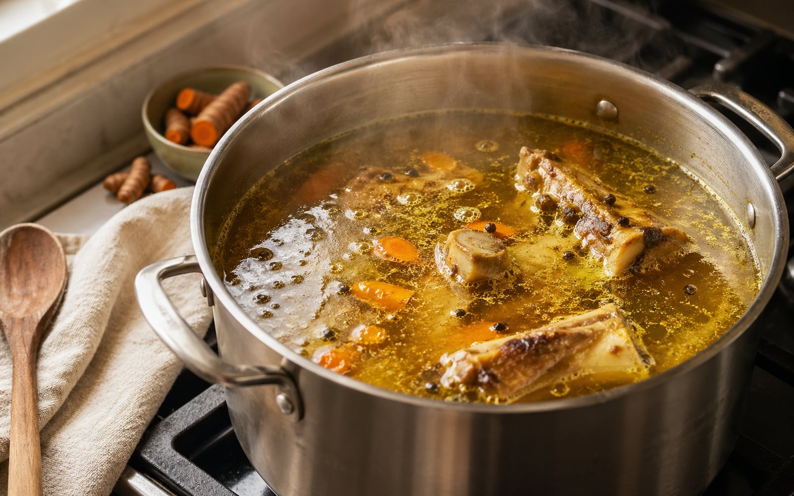 A large stockpot of golden turmeric bone broth simmering on the stove, with roasted bones, turmeric root, and black peppercorns visible.