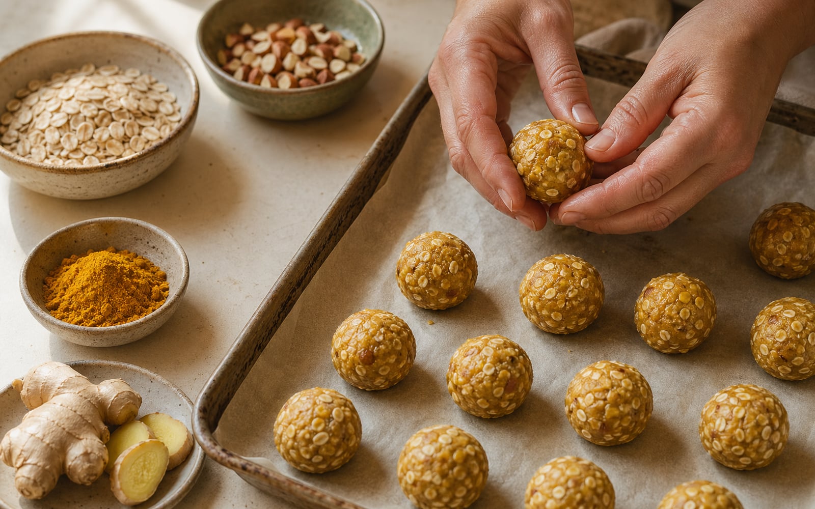 Hands rolling the oat-almond mixture into neat balls on a parchment-lined tray, with ground turmeric and ginger visible in the mix.